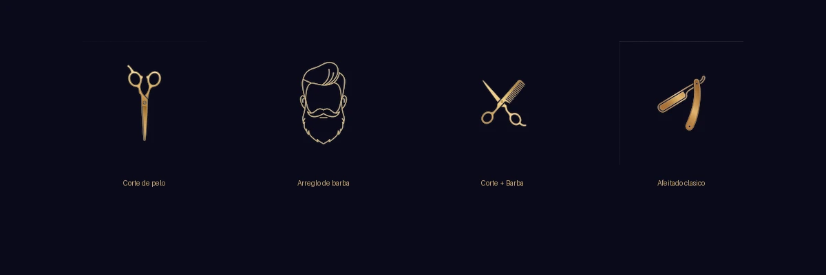 Los 4 iconos de servicios de Barbería 33 generados con Gemini: tijeras, barba, combo, navaja